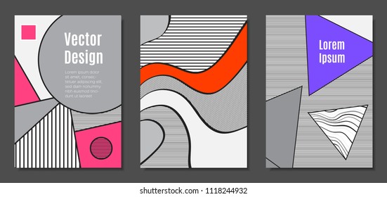Abstract Geometric Backgrounds in Trendy Bright Colors. Placard Templates Set with Handwritten Wavy Stripes. Covers with Triangles and Abstract Geometric Shapes in Bauhaus Style for Brochure, Layout.