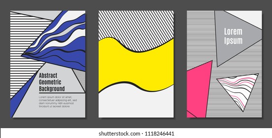 Abstract Geometric Backgrounds in Trendy Bright Colors. Placard Templates Set with Handwritten Wavy Stripes. Covers with Triangles and Abstract Geometric Shapes in Bauhaus Style for Brochure, Layout.