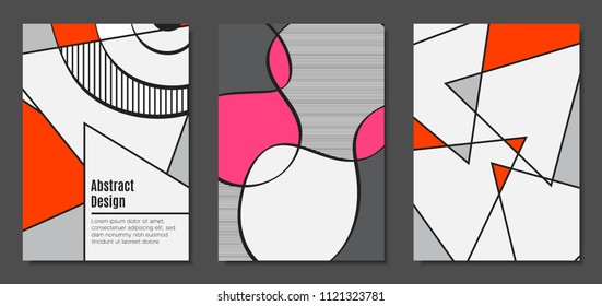 Abstract Geometric Backgrounds in Trendy Bright Colors. Placard Templates Set with Handwritten Wavy Stripes. Covers with Triangles and Abstract Geometric Shapes in Bauhaus Style for Brochure, Layout.