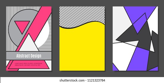Abstract Geometric Backgrounds in Trendy Bright Colors. Placard Templates Set with Handwritten Wavy Stripes. Covers with Triangles and Abstract Geometric Shapes in Bauhaus Style for Brochure, Layout.