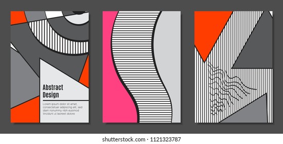 Abstract Geometric Backgrounds in Trendy Bright Colors. Placard Templates Set with Handwritten Wavy Stripes. Covers with Triangles and Abstract Geometric Shapes in Bauhaus Style for Brochure, Layout.