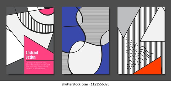 Abstract Geometric Backgrounds in Trendy Bright Colors. Placard Templates Set with Handwritten Wavy Stripes. Covers with Triangles and Abstract Geometric Shapes in Bauhaus Style for Brochure, Layout.