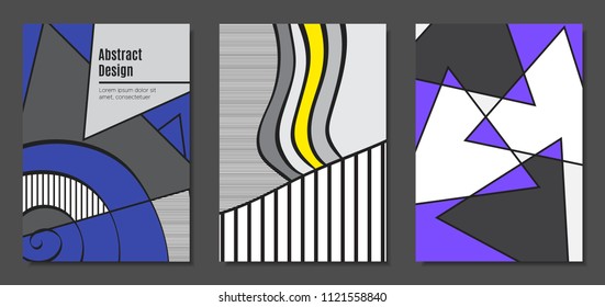Abstract Geometric Backgrounds in Trendy Bright Colors. Placard Templates Set with Handwritten Wavy Stripes. Covers with Triangles and Abstract Geometric Shapes in Bauhaus Style for Brochure, Layout.