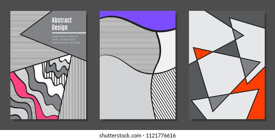 Abstract Geometric Backgrounds in Trendy Bright Colors. Placard Templates Set with Handwritten Wavy Stripes. Covers with Triangles and Abstract Geometric Shapes in Bauhaus Style for Brochure, Layout.