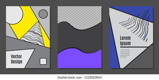 Abstract Geometric Backgrounds in Trendy Bright Colors. Placard Templates Set with Handwritten Wavy Stripes. Covers with Triangles and Abstract Geometric Shapes in Bauhaus Style for Brochure, Layout.