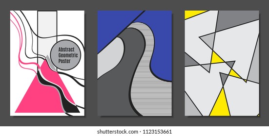 Abstract Geometric Backgrounds in Trendy Bright Colors. Placard Templates Set with Handwritten Wavy Stripes. Covers with Triangles and Abstract Geometric Shapes in Bauhaus Style for Brochure, Layout.