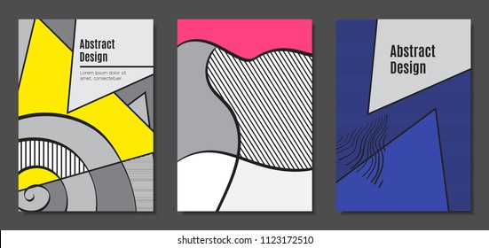 Abstract Geometric Backgrounds in Trendy Bright Colors. Placard Templates Set with Handwritten Wavy Stripes. Covers with Triangles and Abstract Geometric Shapes in Bauhaus Style for Brochure, Layout.