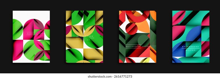 Abstract geometric backgrounds. Vivid colors, overlapping shapes create modern designs. Minimalist style, clean aesthetic.