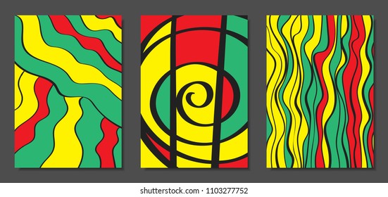 Abstract Geometric Backgrounds with Wavy Lines. Cover Design Templates Set in Cubism Style. Rastaman Music Posters. Vector Wavy Stripe and Ethnic Design Elements. Bright Psychedelic Abstract Covers.