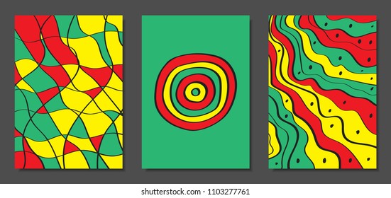 Abstract Geometric Backgrounds with Wavy Lines. Cover Design Templates Set in Cubism Style. Rastaman Music Posters. Vector Wavy Stripe and Ethnic Design Elements. Bright Psychedelic Abstract Covers.