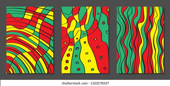 Abstract Geometric Backgrounds with Wavy Lines. Cover Design Templates Set in Cubism Style. Rastaman Music Posters. Vector Wavy Stripe and Ethnic Design Elements. Bright Psychedelic Abstract Covers.