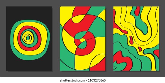 Abstract Geometric Backgrounds with Wavy Lines. Cover Design Templates Set in Cubism Style. Rastaman Music Posters. Vector Wavy Stripe and Ethnic Design Elements. Bright Psychedelic Abstract Covers.
