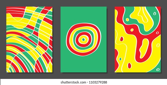 Abstract Geometric Backgrounds with Wavy Lines. Cover Design Templates Set in Abstractionism Style. Musical Posters. Vector Wavy Stripe and Ethnic Design Elements. Bright Psychedelic Abstract Covers.