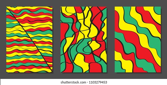 Abstract Geometric Backgrounds with Wavy Lines. Cover Design Templates Set in Cubism Style. Rastaman Music Posters. Vector Wavy Stripe and Ethnic Design Elements. Bright Psychedelic Abstract Covers.