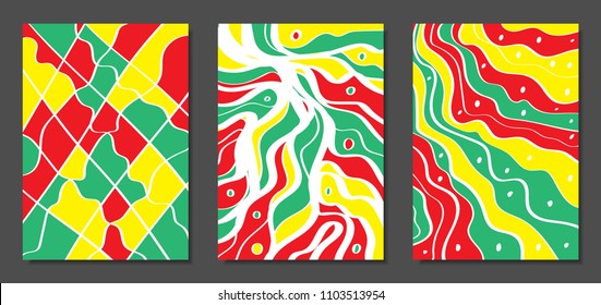 Abstract Geometric Backgrounds with Wavy Lines. Cover Design Templates Set in Abstractionism Style. Musical Posters. Vector Wavy Stripe and Ethnic Design Elements. Bright Psychedelic Abstract Covers.