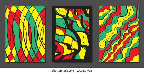 Abstract Geometric Backgrounds with Wavy Lines. Cover Design Templates Set in Cubism Style. Rastaman Music Posters. Vector Wavy Stripe and Ethnic Design Elements. Bright Psychedelic Abstract Covers.