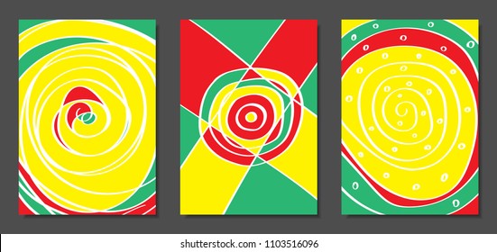 Abstract Geometric Backgrounds with Wavy Lines. Cover Design Templates Set in Abstractionism Style. Musical Posters. Vector Wavy Stripe and Ethnic Design Elements. Bright Psychedelic Abstract Covers.