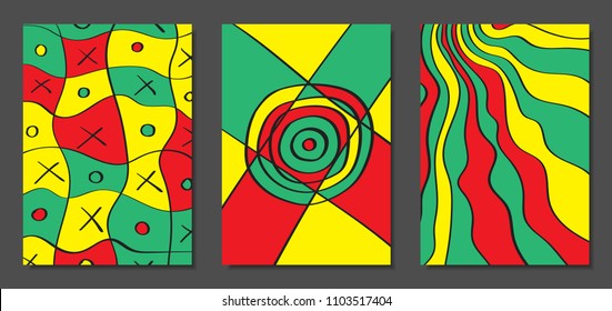 Abstract Geometric Backgrounds with Wavy Lines. Cover Design Templates Set in Cubism Style. Rastaman Music Posters. Vector Wavy Stripe and Ethnic Design Elements. Bright Psychedelic Abstract Covers.