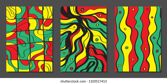 Abstract Geometric Backgrounds with Wavy Lines. Cover Design Templates Set in Cubism Style. Rastaman Music Posters. Vector Wavy Stripe and Ethnic Design Elements. Bright Psychedelic Abstract Covers.