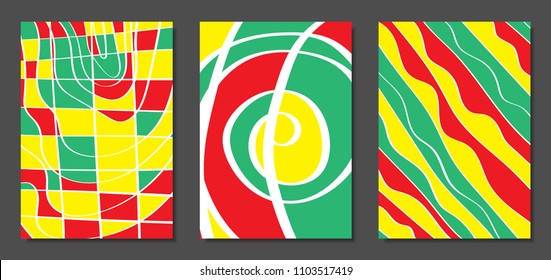 Abstract Geometric Backgrounds with Wavy Lines. Cover Design Templates Set in Abstractionism Style. Musical Posters. Vector Wavy Stripe and Ethnic Design Elements. Bright Psychedelic Abstract Covers.