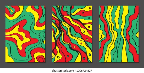 Abstract Geometric Backgrounds with Wavy Lines. Cover Design Templates Set in Cubism Style. Rastaman Music Posters. Vector Wavy Stripe and Ethnic Design Elements. Bright Psychedelic Abstract Covers.