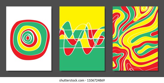 Abstract Geometric Backgrounds with Wavy Lines. Cover Design Templates Set in Abstractionism Style. Musical Posters. Vector Wavy Stripe and Ethnic Design Elements. Bright Psychedelic Abstract Covers.