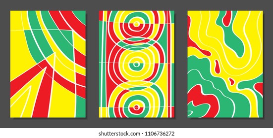Abstract Geometric Backgrounds with Wavy Lines. Cover Design Templates Set in Abstractionism Style. Musical Posters. Vector Wavy Stripe and Ethnic Design Elements. Bright Psychedelic Abstract Covers.