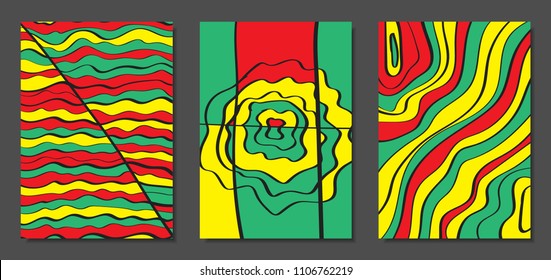 Abstract Geometric Backgrounds with Wavy Lines. Cover Design Templates Set in Cubism Style. Rastaman Music Posters. Vector Wavy Stripe and Ethnic Design Elements. Bright Psychedelic Abstract Covers.