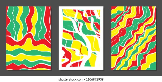 Abstract Geometric Backgrounds with Wavy Lines. Cover Design Templates Set in Abstractionism Style. Musical Posters. Vector Wavy Stripe and Ethnic Design Elements. Bright Psychedelic Abstract Covers.