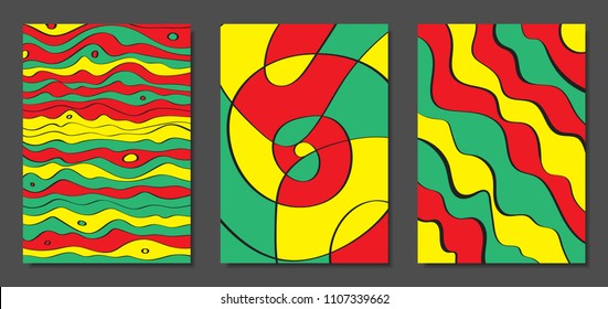 Abstract Geometric Backgrounds with Wavy Lines. Cover Design Templates Set in Cubism Style. Rastaman Music Posters. Vector Wavy Stripe and Ethnic Design Elements. Bright Psychedelic Abstract Covers.