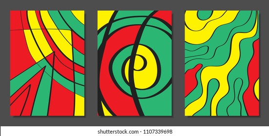 Abstract Geometric Backgrounds with Wavy Lines. Cover Design Templates Set in Cubism Style. Rastaman Music Posters. Vector Wavy Stripe and Ethnic Design Elements. Bright Psychedelic Abstract Covers.