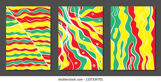 Abstract Geometric Backgrounds with Wavy Lines. Cover Design Templates Set in Abstractionism Style. Musical Posters. Vector Wavy Stripe and Ethnic Design Elements. Bright Psychedelic Abstract Covers.