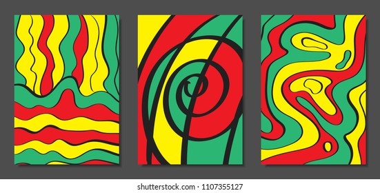 Abstract Geometric Backgrounds with Wavy Lines. Cover Design Templates Set in Cubism Style. Rastaman Music Posters. Vector Wavy Stripe and Ethnic Design Elements. Bright Psychedelic Abstract Covers.
