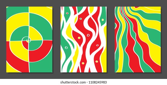 Abstract Geometric Backgrounds with Wavy Lines. Cover Design Templates Set in Abstractionism Style. Musical Posters. Vector Wavy Stripe and Ethnic Design Elements. Bright Psychedelic Abstract Covers.