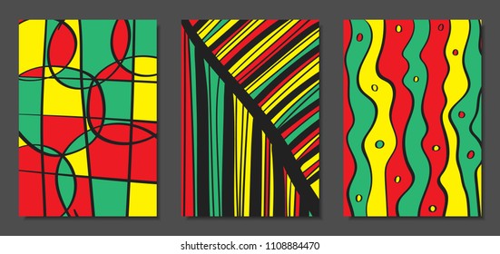 Abstract Geometric Backgrounds with Wavy Lines. Cover Design Templates Set in Cubism Style. Rastaman Music Posters. Vector Wavy Stripe and Ethnic Design Elements. Bright Psychedelic Abstract Covers.
