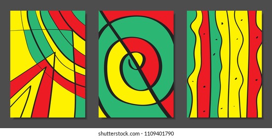 Abstract Geometric Backgrounds with Wavy Lines. Cover Design Templates Set in Cubism Style. Rastaman Music Posters. Vector Wavy Stripe and Ethnic Design Elements. Bright Psychedelic Abstract Covers.