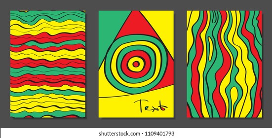 Abstract Geometric Backgrounds with Wavy Lines. Cover Design Templates Set in Cubism Style. Rastaman Music Posters. Vector Wavy Stripe and Ethnic Design Elements. Bright Psychedelic Abstract Covers.