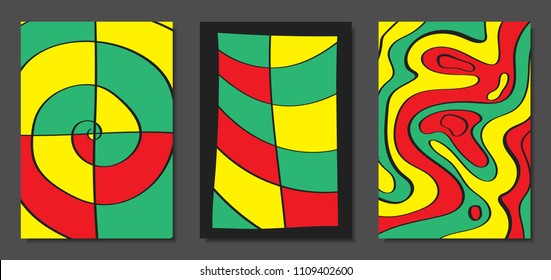 Abstract Geometric Backgrounds with Wavy Lines. Cover Design Templates Set in Cubism Style. Rastaman Music Posters. Vector Wavy Stripe and Ethnic Design Elements. Bright Psychedelic Abstract Covers.