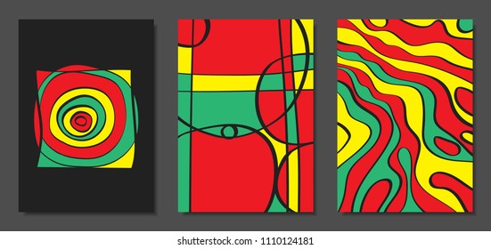 Abstract Geometric Backgrounds with Wavy Lines. Cover Design Templates Set in Cubism Style. Rastaman Music Posters. Vector Wavy Stripe and Ethnic Design Elements. Bright Psychedelic Abstract Covers.