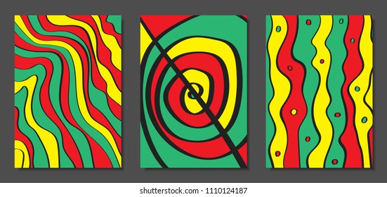 Abstract Geometric Backgrounds with Wavy Lines. Cover Design Templates Set in Cubism Style. Rastaman Music Posters. Vector Wavy Stripe and Ethnic Design Elements. Bright Psychedelic Abstract Covers.