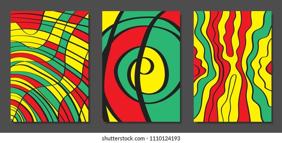 Abstract Geometric Backgrounds with Wavy Lines. Cover Design Templates Set in Cubism Style. Rastaman Music Posters. Vector Wavy Stripe and Ethnic Design Elements. Bright Psychedelic Abstract Covers.