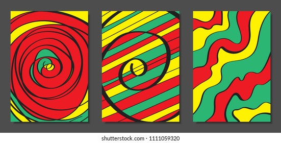 Abstract Geometric Backgrounds with Wavy Lines. Cover Design Templates Set in Cubism Style. Rastaman Music Posters. Vector Wavy Stripe and Ethnic Design Elements. Bright Psychedelic Abstract Covers.
