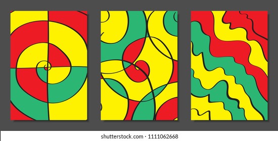 Abstract Geometric Backgrounds with Wavy Lines. Cover Design Templates Set in Cubism Style. Rastaman Music Posters. Vector Wavy Stripe and Ethnic Design Elements. Bright Psychedelic Abstract Covers.