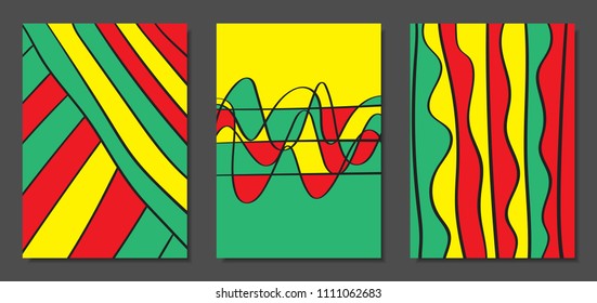 Abstract Geometric Backgrounds with Wavy Lines. Cover Design Templates Set in Cubism Style. Rastaman Music Posters. Vector Wavy Stripe and Ethnic Design Elements. Bright Psychedelic Abstract Covers.
