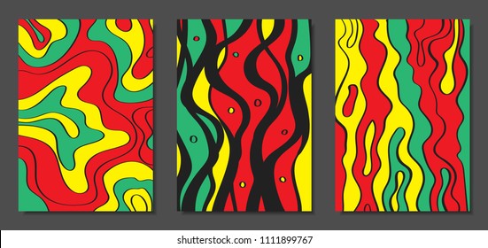 Abstract Geometric Backgrounds with Wavy Lines. Cover Design Templates Set in Cubism Style. Rastaman Music Posters. Vector Wavy Stripe and Ethnic Design Elements. Bright Psychedelic Abstract Covers.