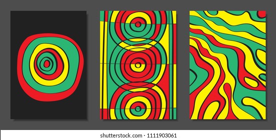 Abstract Geometric Backgrounds with Wavy Lines. Cover Design Templates Set in Cubism Style. Rastaman Music Posters. Vector Wavy Stripe and Ethnic Design Elements. Bright Psychedelic Abstract Covers.