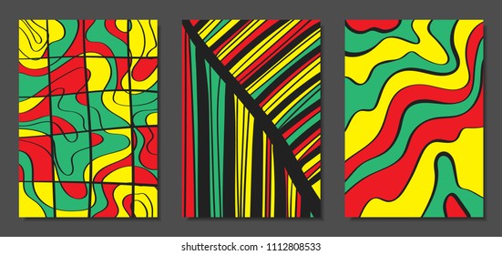 Abstract Geometric Backgrounds with Wavy Lines. Cover Design Templates Set in Cubism Style. Rastaman Music Posters. Vector Wavy Stripe and Ethnic Design Elements. Bright Psychedelic Abstract Covers.