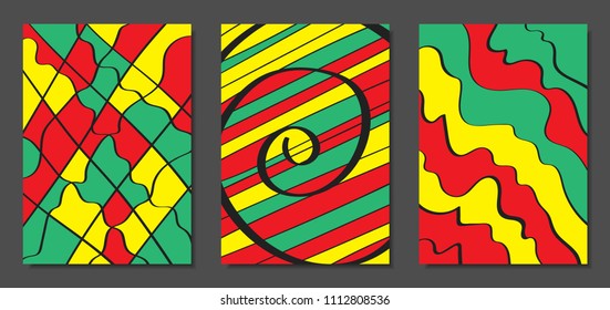 Abstract Geometric Backgrounds with Wavy Lines. Cover Design Templates Set in Cubism Style. Rastaman Music Posters. Vector Wavy Stripe and Ethnic Design Elements. Bright Psychedelic Abstract Covers.