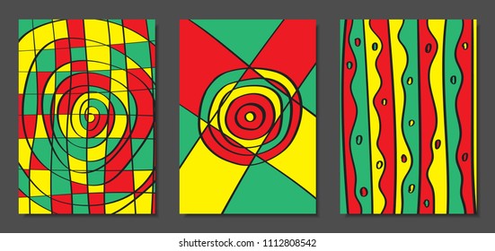 Abstract Geometric Backgrounds with Wavy Lines. Cover Design Templates Set in Cubism Style. Rastaman Music Posters. Vector Wavy Stripe and Ethnic Design Elements. Bright Psychedelic Abstract Covers.