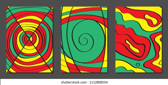 Abstract Geometric Backgrounds with Wavy Lines. Cover Design Templates Set in Cubism Style. Rastaman Music Posters. Vector Wavy Stripe and Ethnic Design Elements. Bright Psychedelic Abstract Covers.